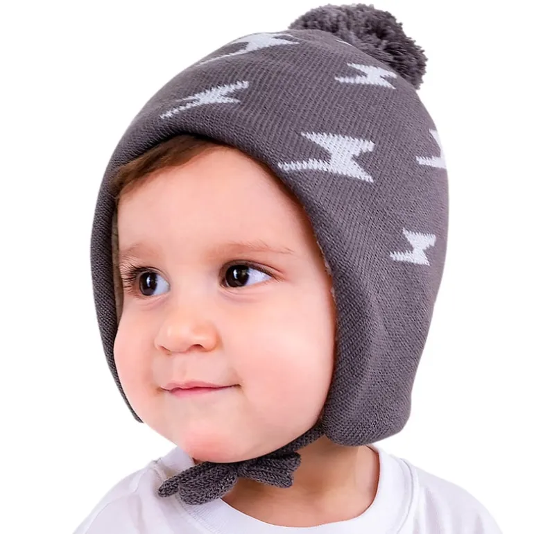 Kids Knit Winter Earflap Hats | Grey Lightning Bolt