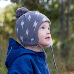 Kids Knit Winter Earflap Hats | Grey Lightning Bolt
