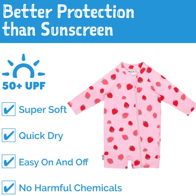 Kids One Piece UV Sun Suit | Pink Strawberry